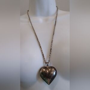 Puffy Silvertone Heart Pendant Necklace